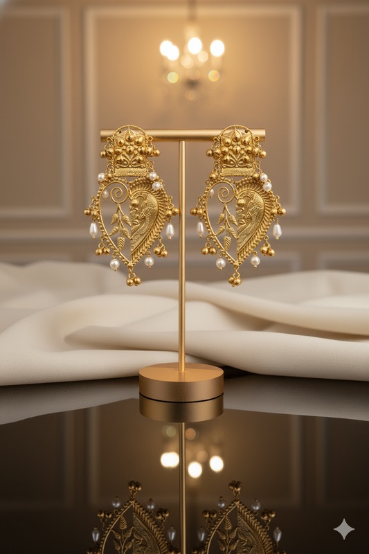 Gold Metal Paan-Shaped Ghungroo Earrings Jewellery with Teardrop Pearls