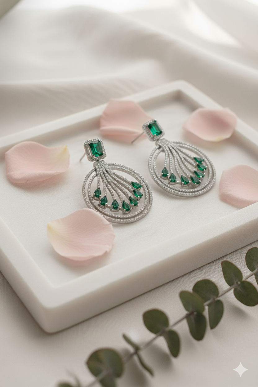 Sparkling American Diamond Jewellery Chandbali Earrings with Green Stones