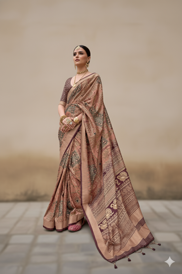 Coffee Brown Raw Silk Saree with Floral Motifs