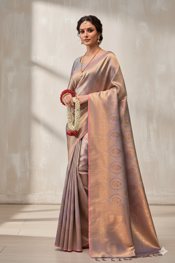 Two-Tone Peach Purple Weaving Silk Saree with Contrast Selvage Border