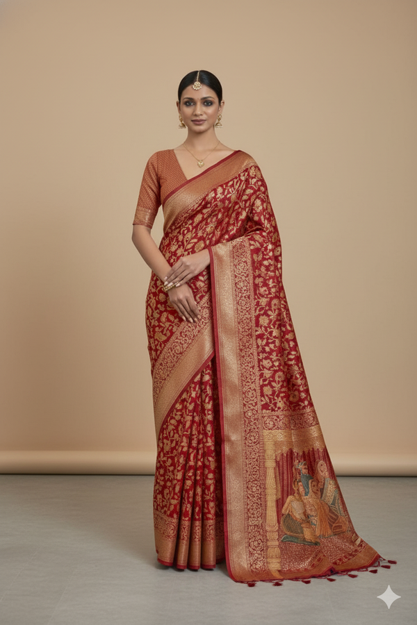 Plum Red Raw Silk Saree with Ethnic Heritage Prints