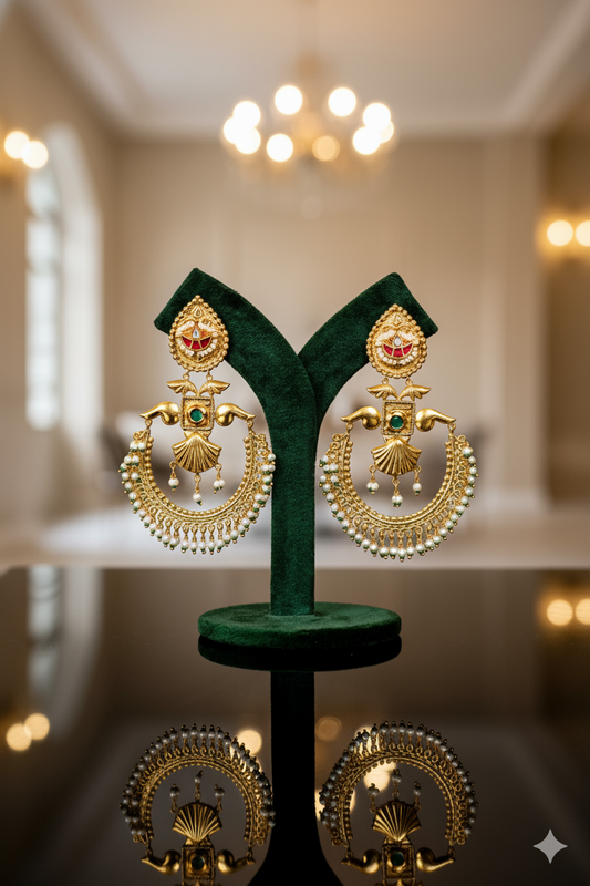 Gold Finish Chandbali Jewellery with Kundan Work, Pearls & Mixed Metal Detailing