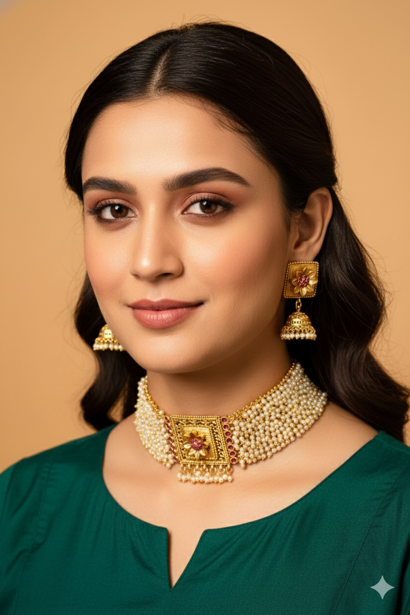 Handcrafted Matte Finish Gold Pearl Meenakari Choker Jewellery with Earrings