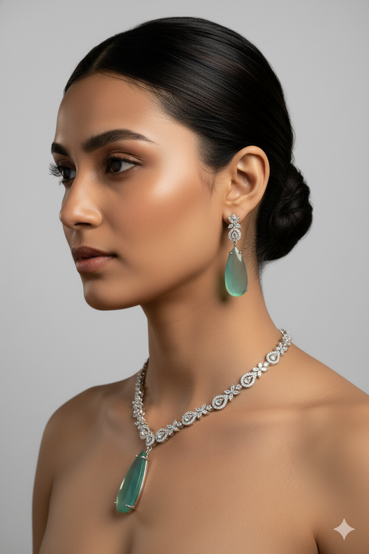 Sea Blue American Diamond Necklace with Earrings Jewellery Set
