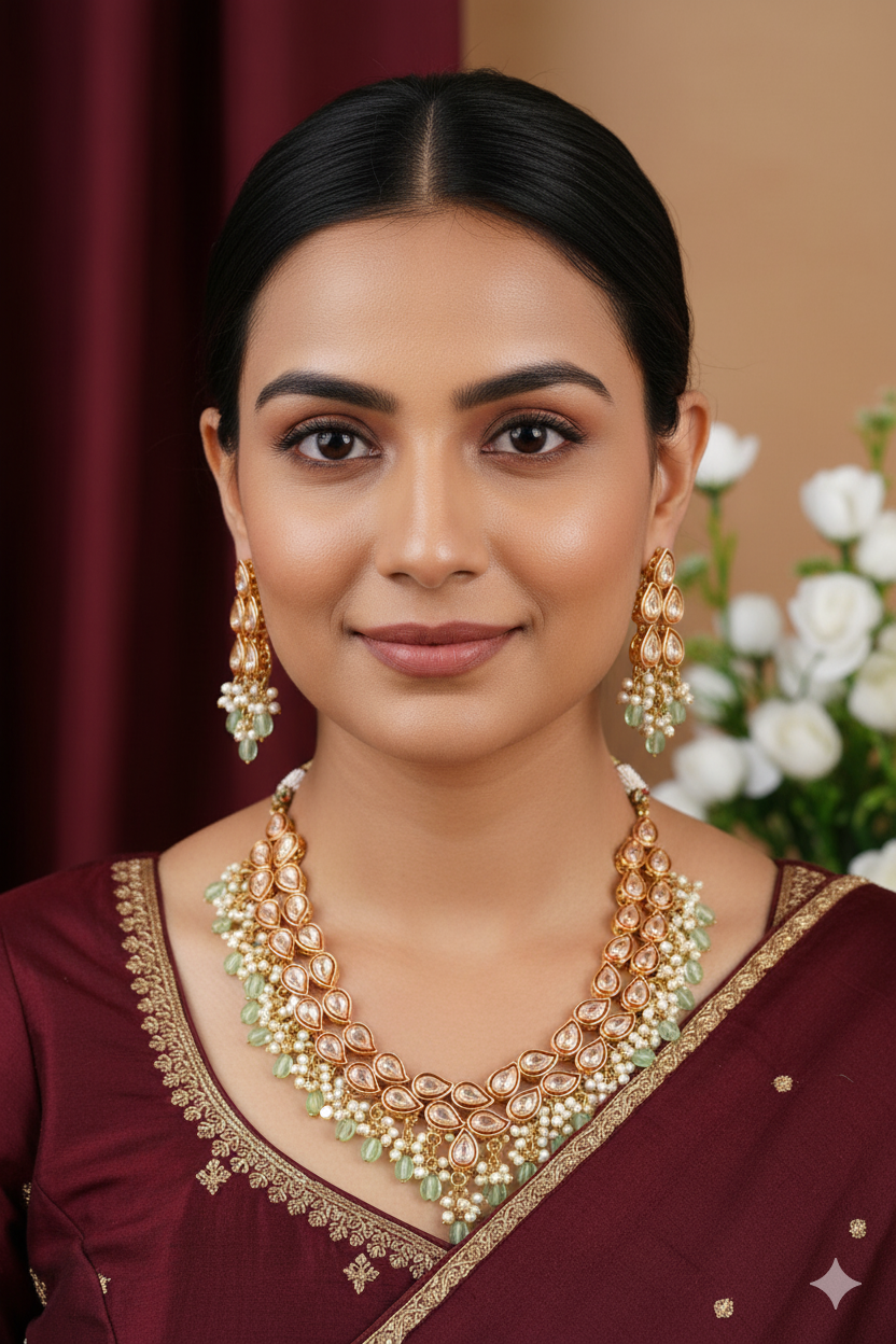 Gold Finish Kundan Necklace Jewellery with Beads and Pearls