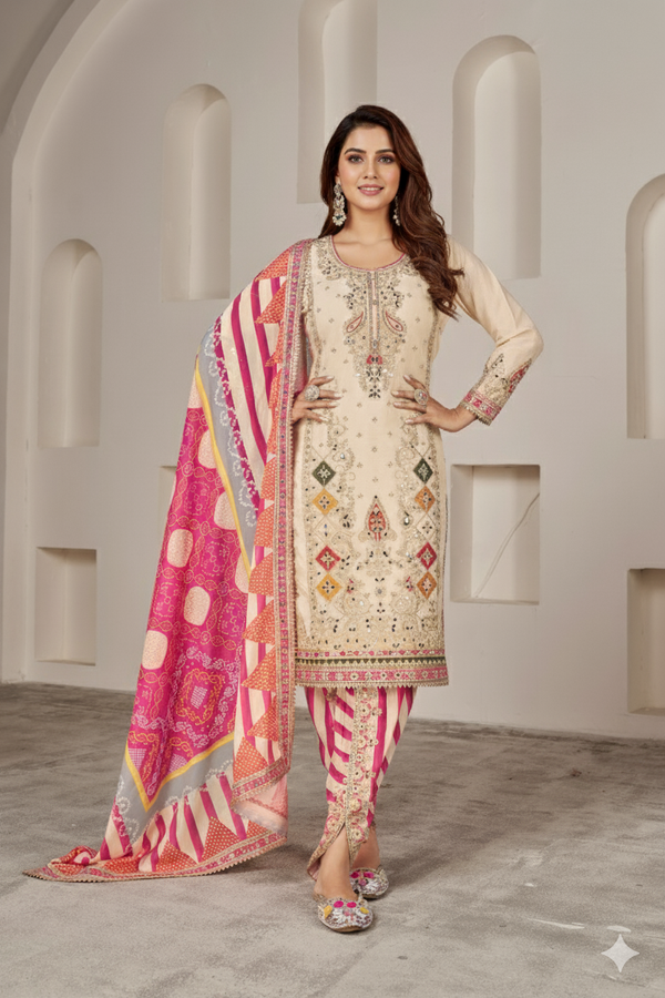 Cream-Pink Silk Suit with Zari Embroidery with Designer Dhoti Pant & Dupatta