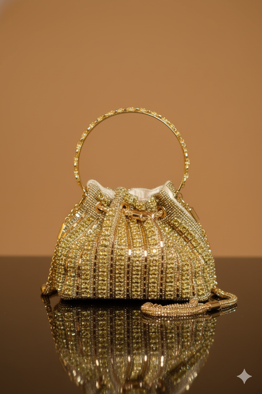 Golden Swarovski Beads Potli with Designer Handle and Velvet Base