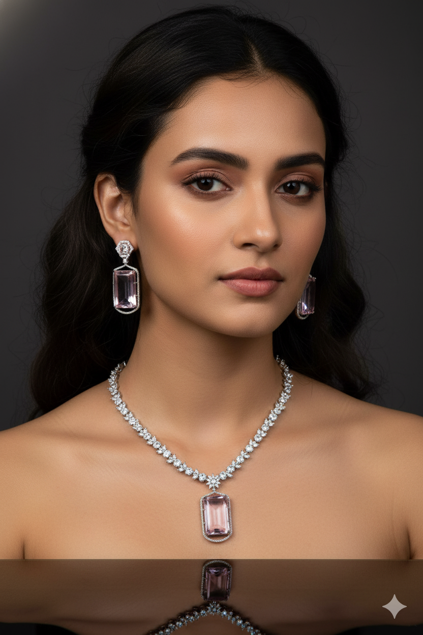 Rose Gold American Diamond Necklace Jewellery with Earrings