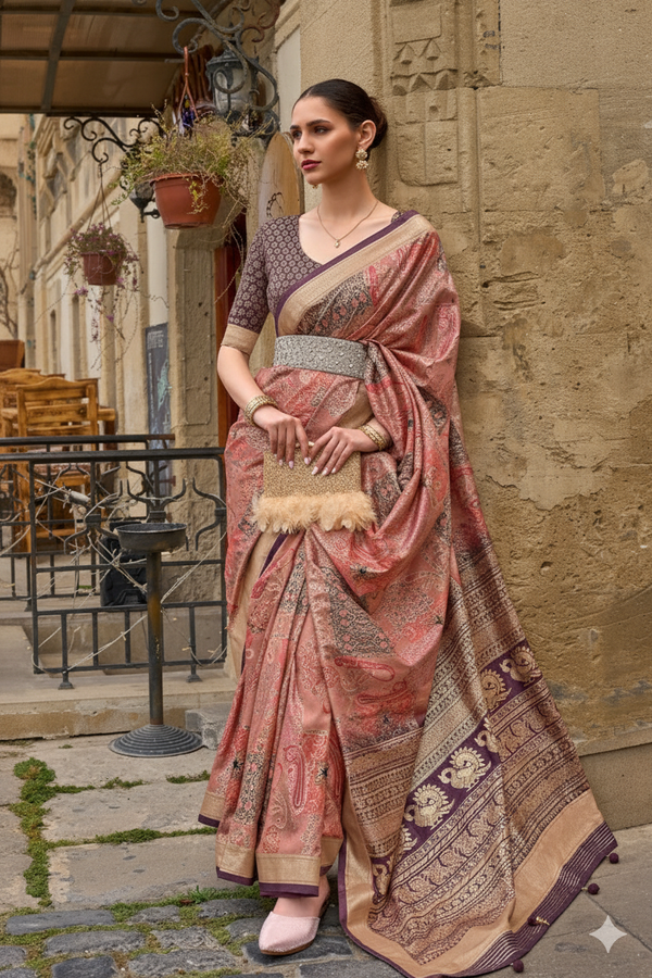 Peach Orange Raw Silk Saree with Floral Motifs