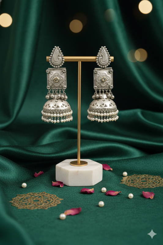 Oxidized Metal Hanging Pearls Jhumka Jewellery