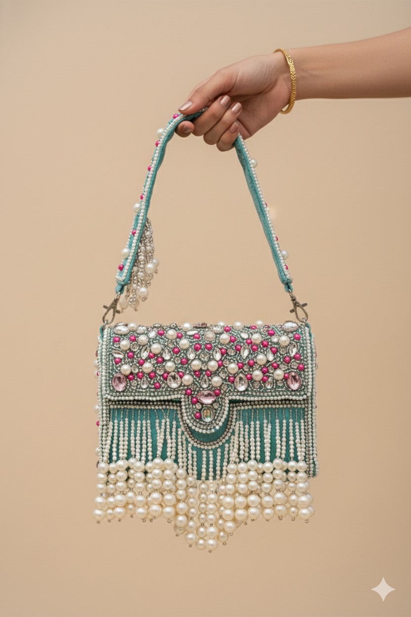 Zari Adorned Sea Blue Handbag with Pink Beads, Pearls, and Tassel