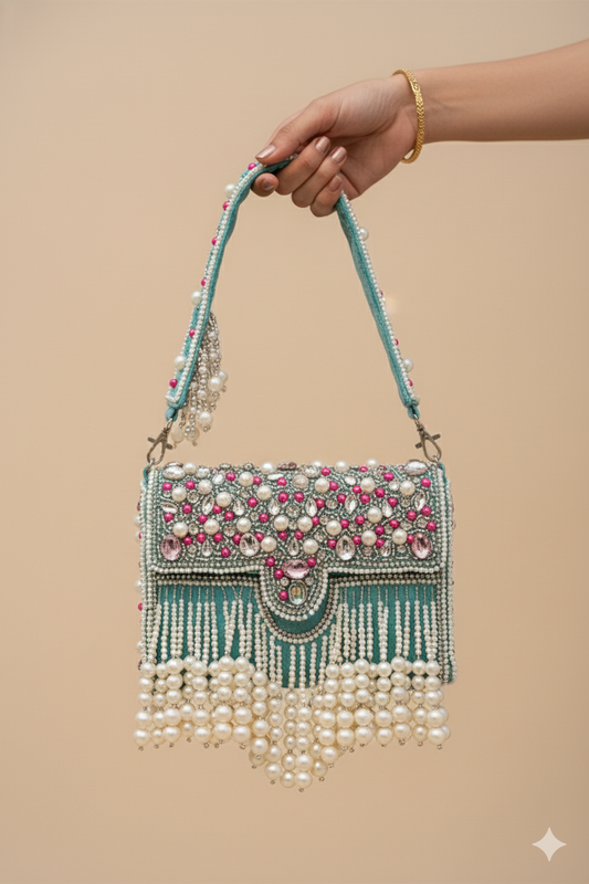 Zari Adorned Sea Blue Handbag with Pink Beads, Pearls, and Tassel