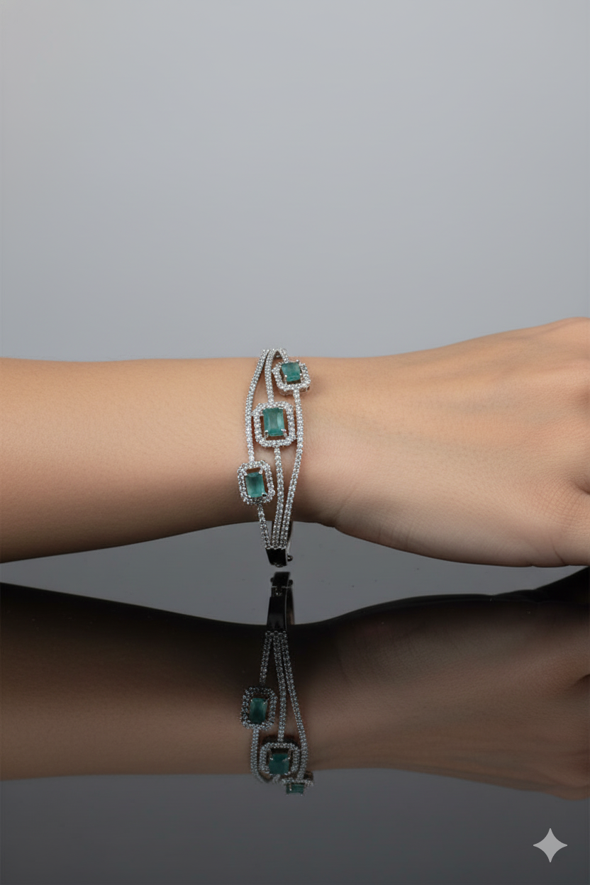 American Diamond Jewellery Bracelet with Aqua Tri-Stone Link Lock Design