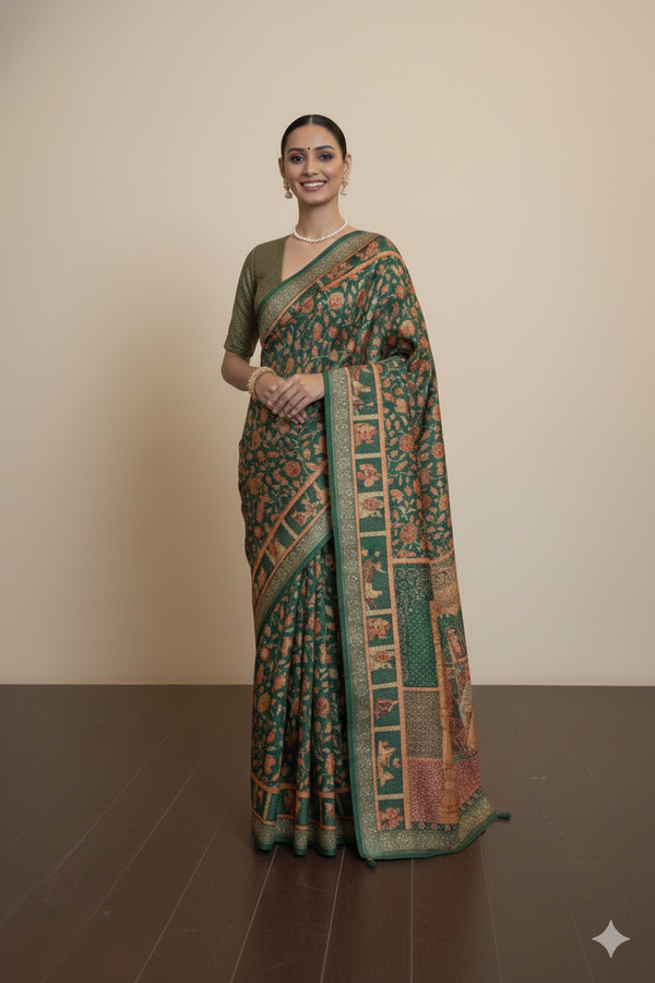 Emerald Green Raw Silk Saree with Ethnic Heritage Prints