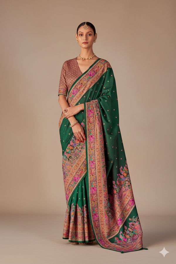 Bottle Green Raw Silk Saree with Heritage Prints