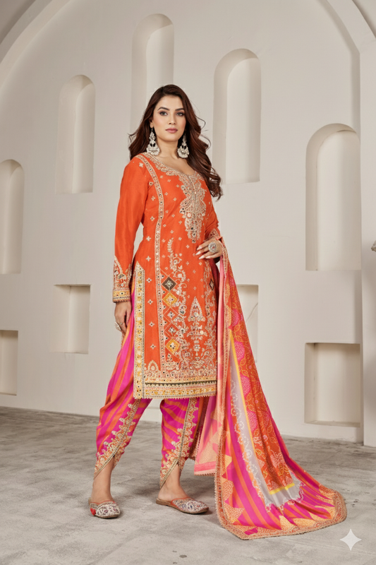 Orange Silk Suit with Zari Embroidery with Designer Dhoti Pant & Dupatta