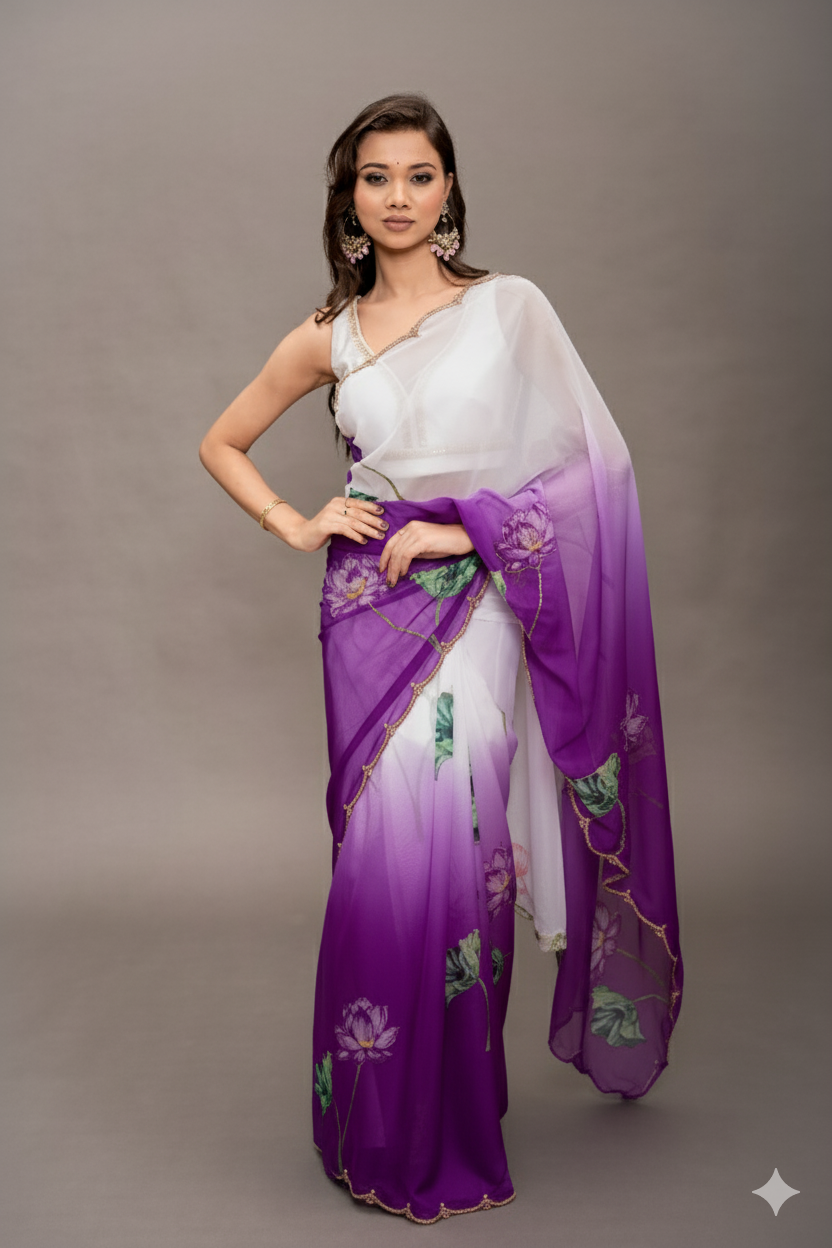 Dark Purple Tebi Twin Silk Saree with Floral Digital Print & Moti Handwork Border