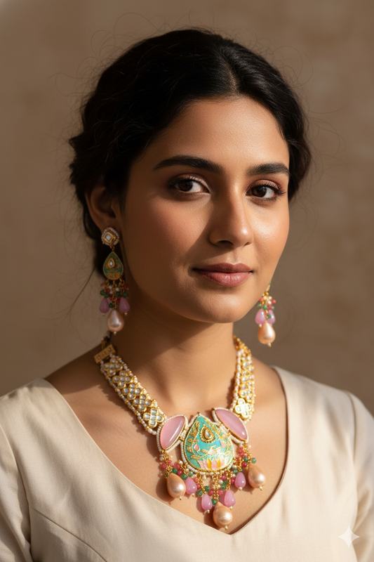 Gold Finish Kundan Necklace Jewellery with Multi-Color Beads and Pearls