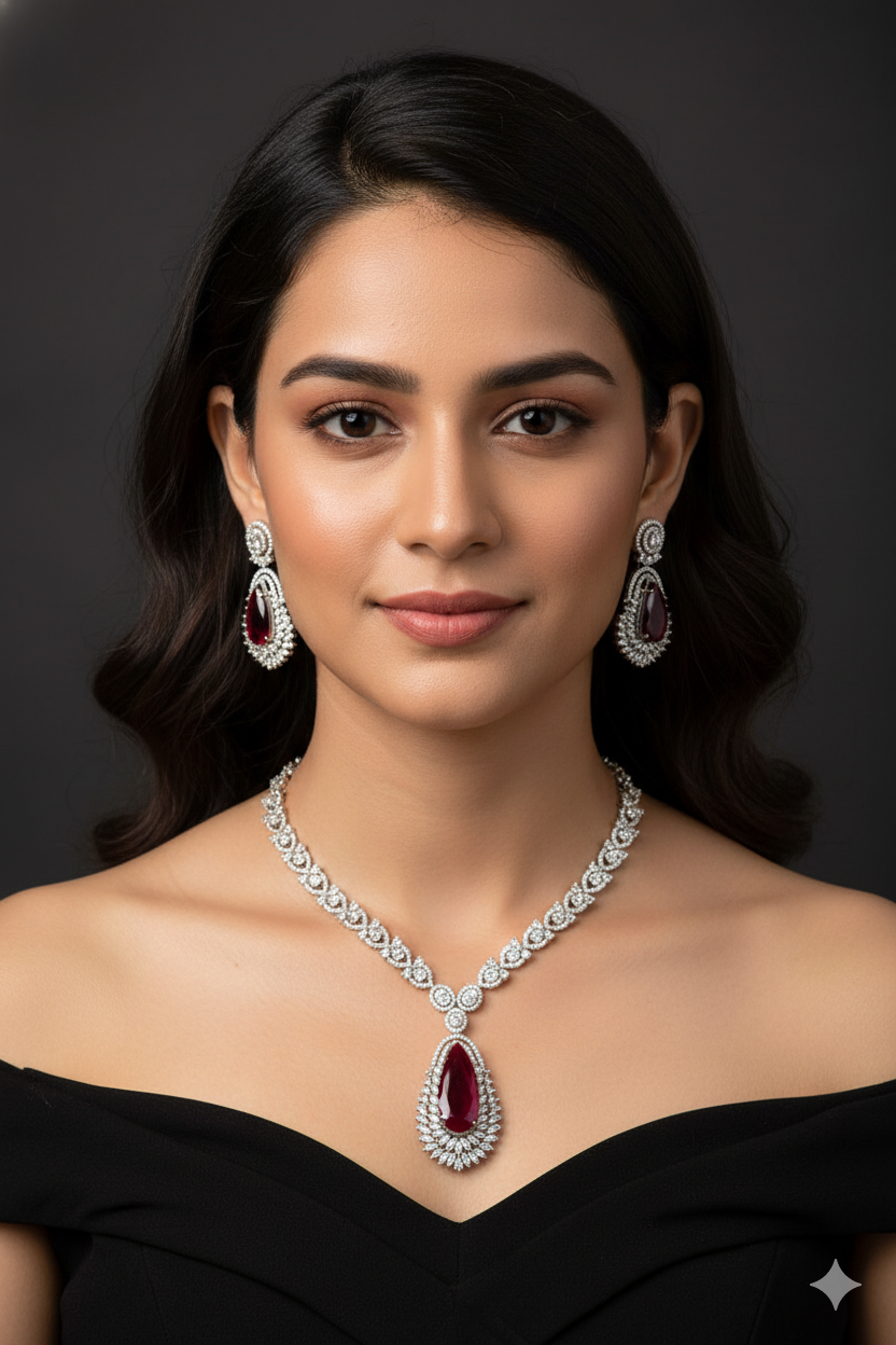 Purple Garnet American Diamond Tear Drop Earrings & Necklace Jewellery Set