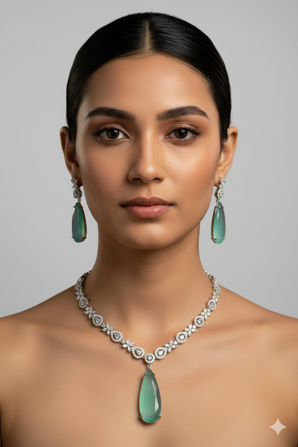 Sea Blue American Diamond Necklace with Earrings Jewellery Set
