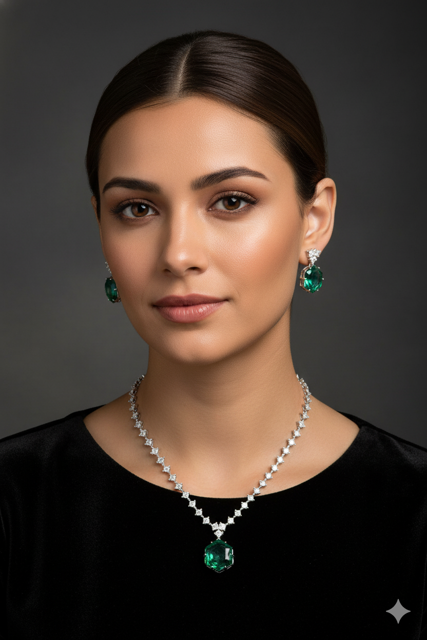 Emerald Green AD Necklace Jewellery with Earrings