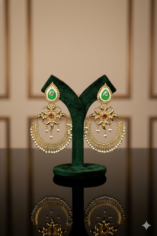Gold Finish Chandbali Jewellery with Kundan Work, Stones, Pearls & Mixed Metal Detailing