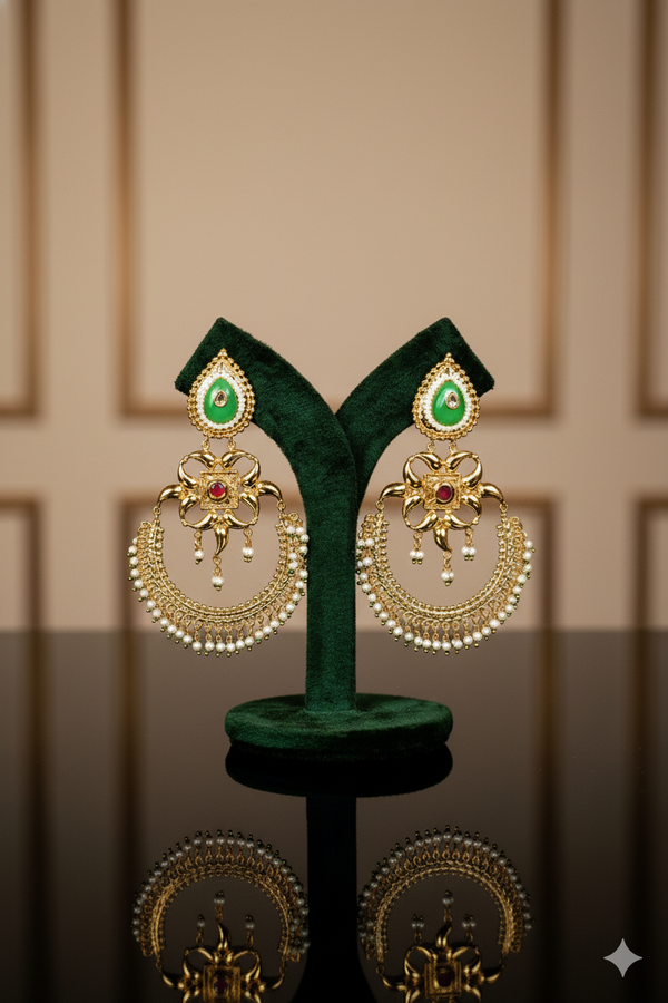 Gold Finish Chandbali Jewellery with Kundan Work, Stones, Pearls & Mixed Metal Detailing