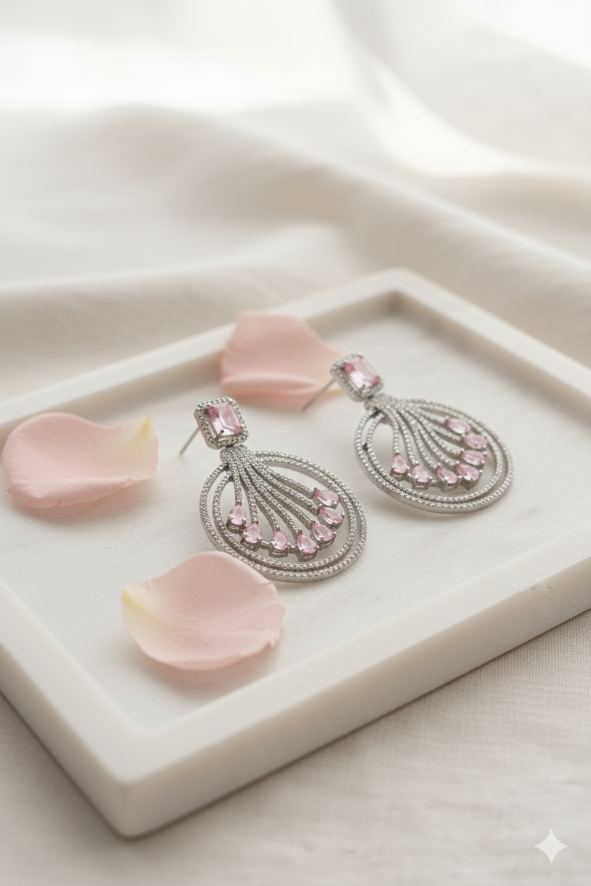 Sparkling American Diamond Jewellery Chandbali Earrings with Pink Stones