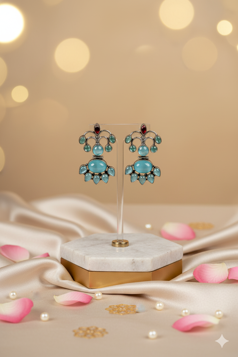 Aqua Blue Black Metallic Accents Colorful Stones Earrings Jewellery