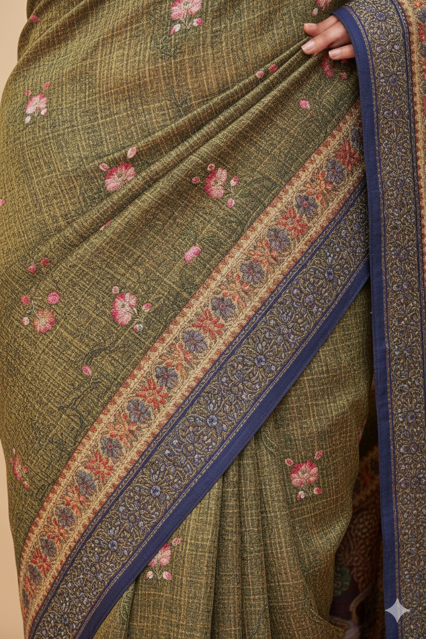 Mehndi Green Raw Silk Saree with Floral Motifs