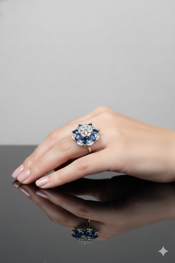American Diamond Round Shaped Blue-Colored Multiple Stone Ring Jewellery