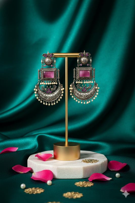 Oxidized Metal Pink Stones Hanging Pearls Chandbali Jewellery