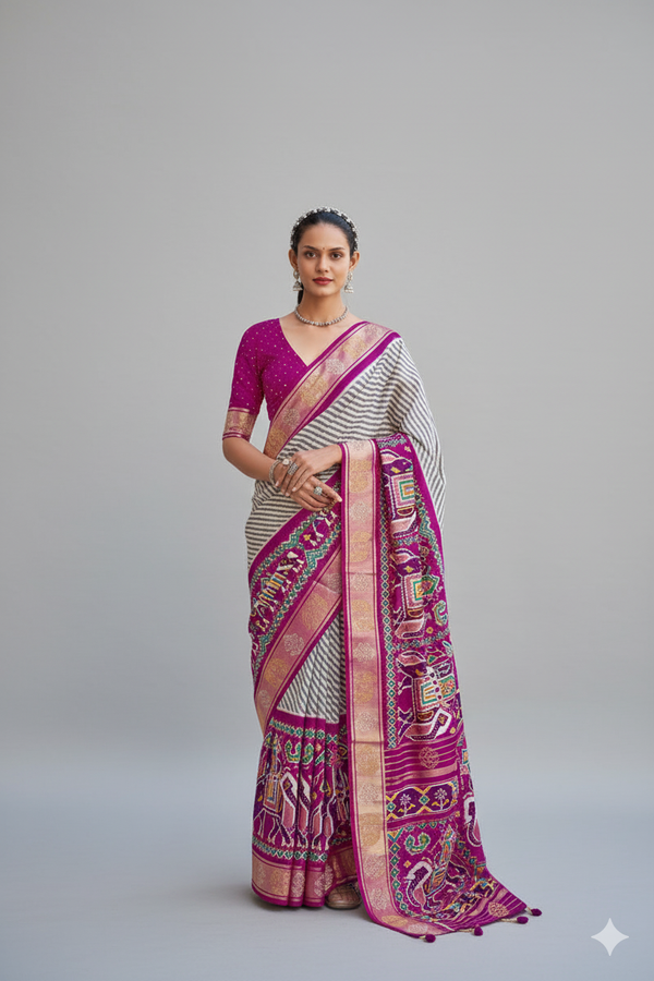 Purplish Cream Raw Silk Saree with Silver Zari Border