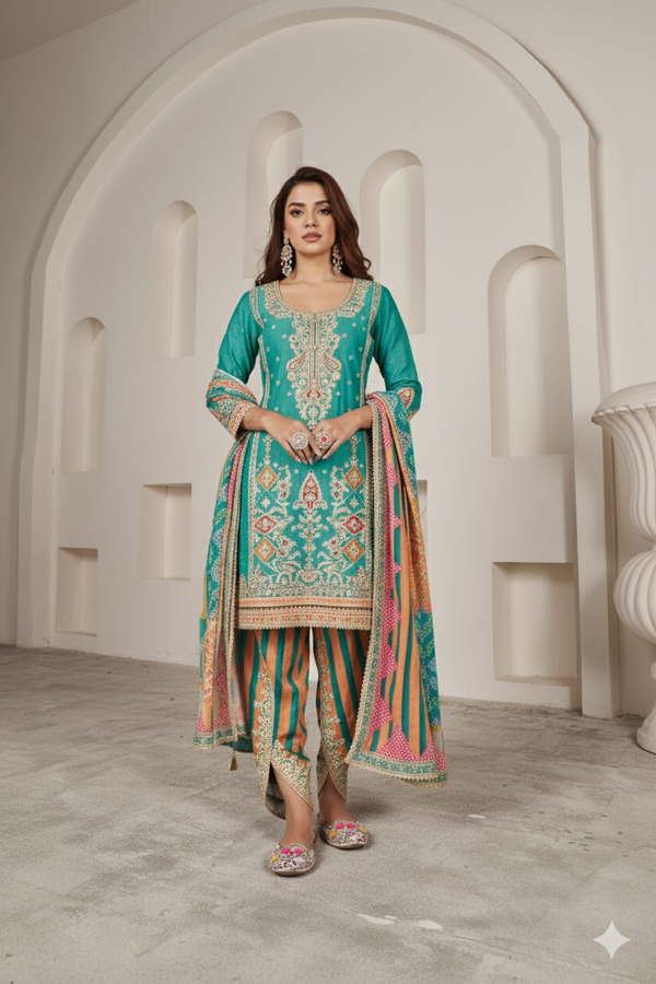Green Silk Suit with Zari Embroidery with Designer Dhoti Pant & Dupatta