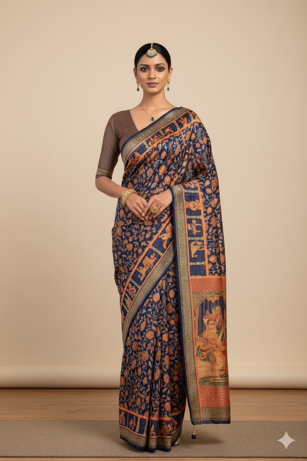 Dark Blue Raw Silk Saree with Ethnic Heritage Prints