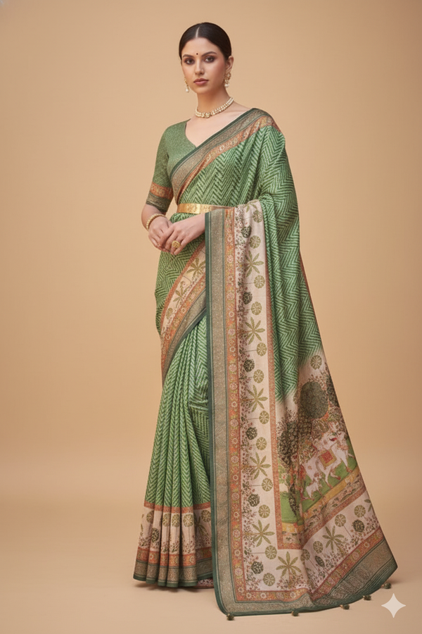 Green Raw Silk Saree with Cream Border & Heritage Work