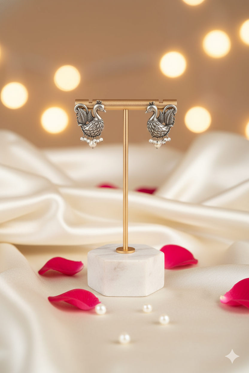 Oxidized Metallic Stud Earrings Jewellery with Pearl Drop