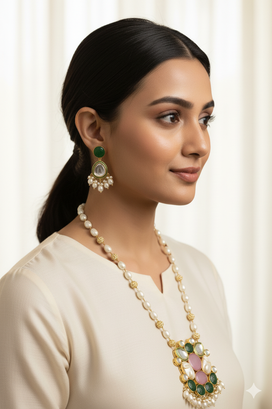 Elegant Long Pearl & Mother of Pearl Pink Stones Kundan Necklace Jewellery