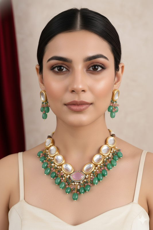 Gold Finish Kundan Emerald Green Stones and Pearls Necklace Jewellery with Maang Tikka