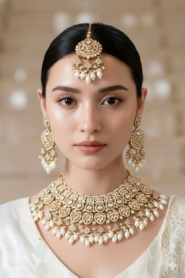 Pearl and Zircon Choker Jewellery Set with Maang Tikka