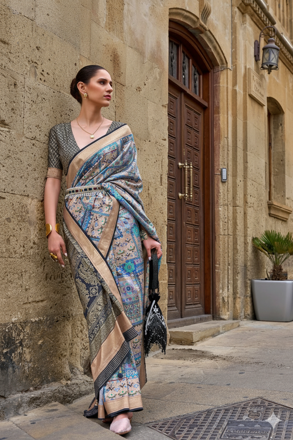 Pastel Blue Raw Silk Saree with Floral Motifs