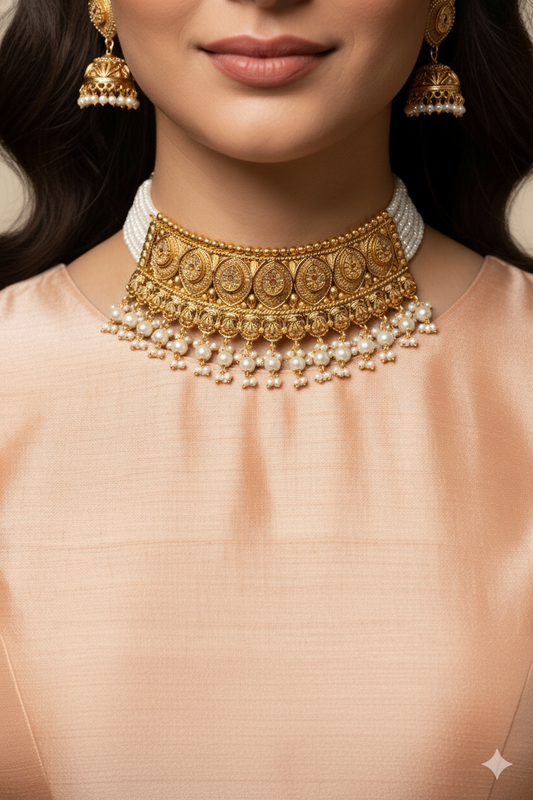 Handcrafted Gold Stone and Pearl Choker Jewellery with Matching Earrings