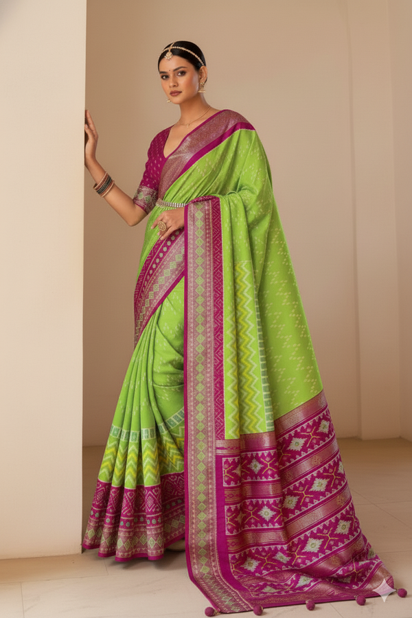 Green Magenta Raw Silk Saree with Patola Design