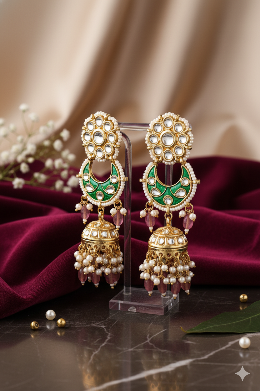Mixed Metal Jhumka Jewellery with Kundan Work and Pearl Detailing
