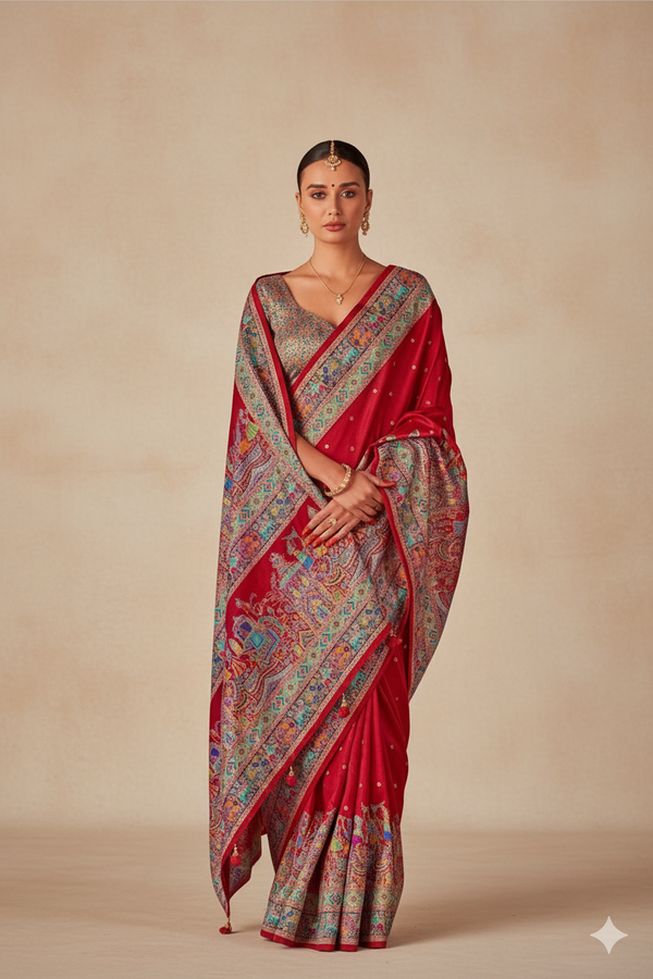 Cherry Red Raw Silk Saree with Heritage Prints