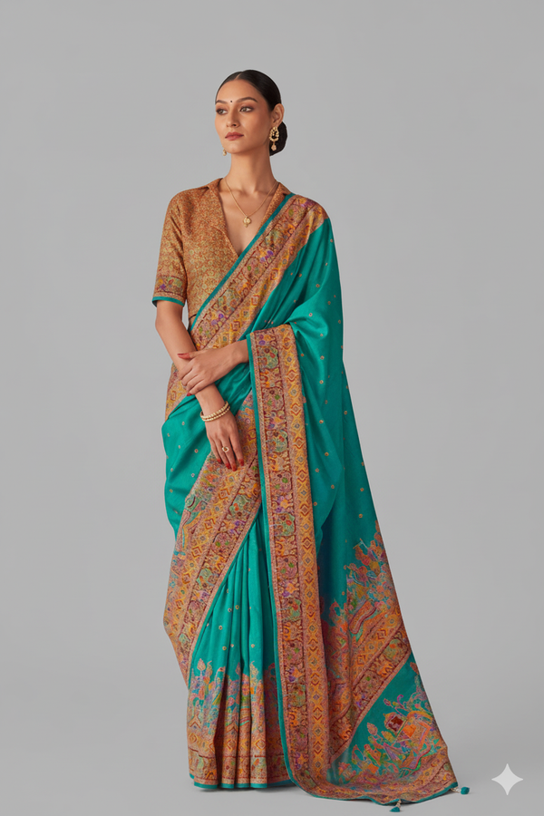 Aqua Blue Green Raw Silk Saree with Heritage Prints