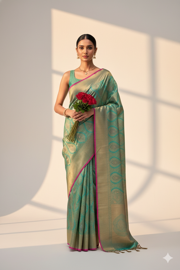 Two-Tone Green Weaving Silk Saree with Contrast Selvage Border