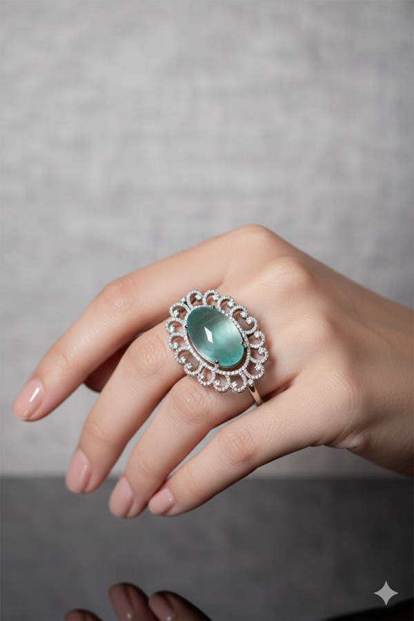 Star Cut American Diamond Ring Jewellery with Sea Green Synthetic Stone