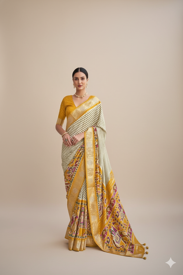 Yellow Raw Silk Saree with Silver Zari Border