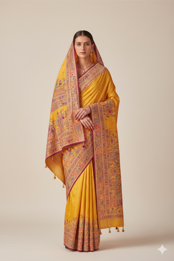 Marigold Yellow Raw Silk Saree with Heritage Prints